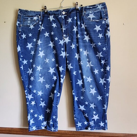 Ashley Stewart Distressed Star Print Denim Capris Size Plus 30 - Picture 1 of 9
